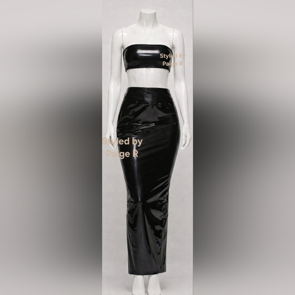 💕NWT SKIMS Stretch Vinyl Long Maxi Skirt Pleather Swim Bandeau Top Black ONYX M